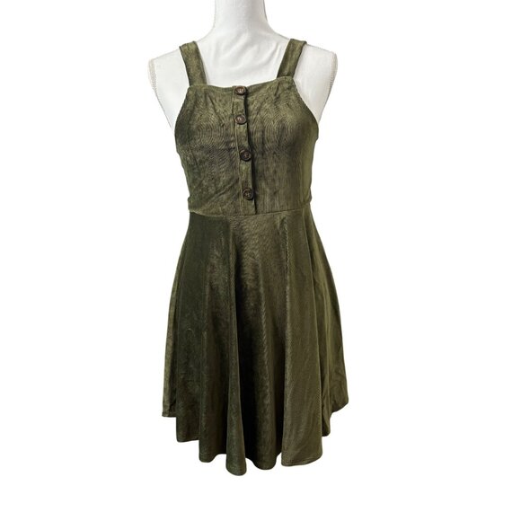 Beautees Olive Green Sleeveless Skater Dress W/ Button Front & Straps Junior 16 - Picture 1 of 9